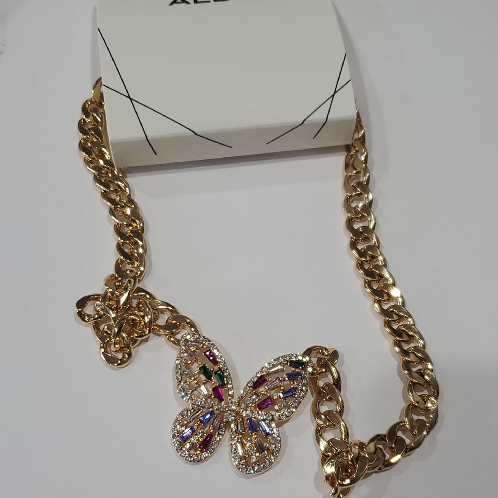Aldo gold plated beaded butterfly pendant Cubanβ link style necklace brand new